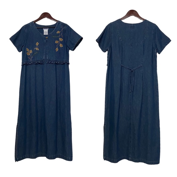 Vintage Prairie Cottagecore 90s Full Length Denim Embroidered Dress Blue - Picture 12 of 14